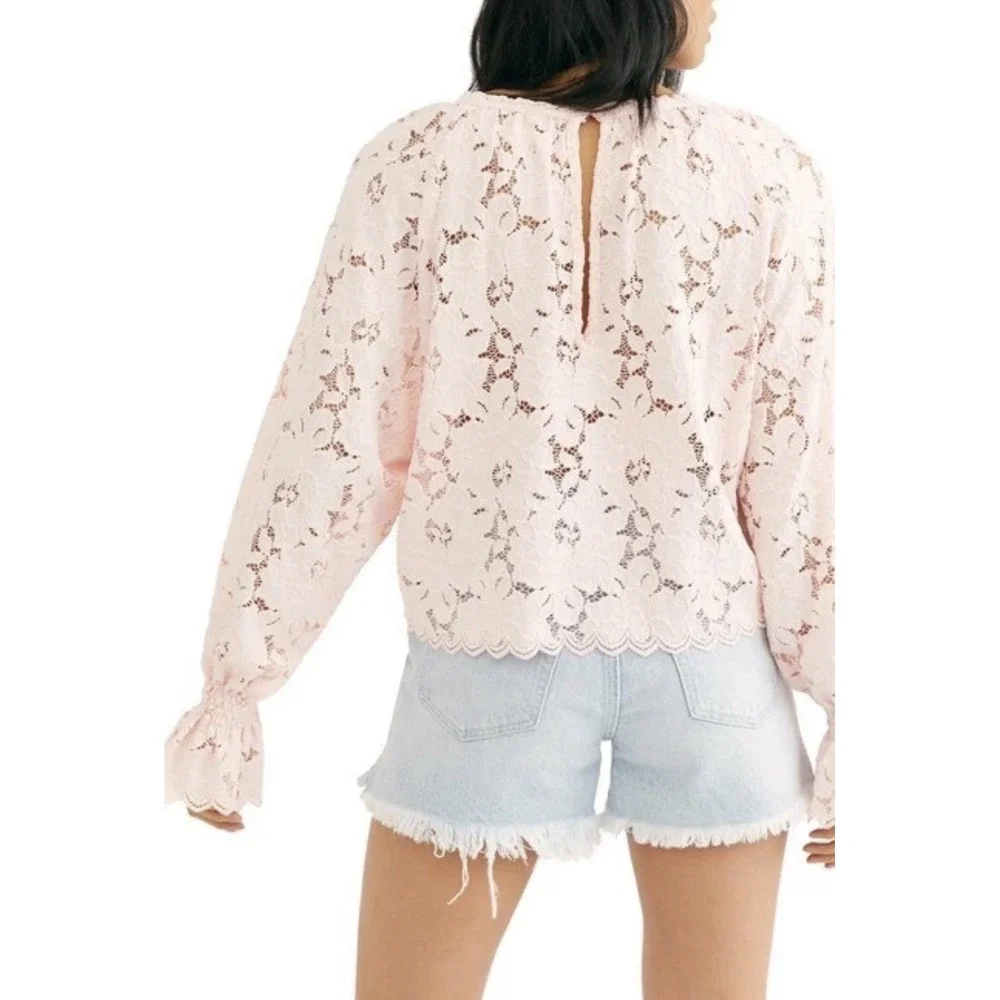 Free People Olivia Balloon Sleeve Lace Top Women's Size XS Pink Ruffle Boho